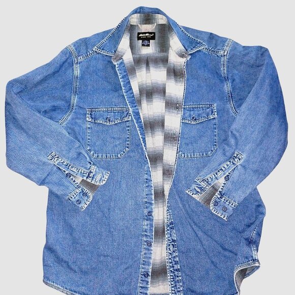 Eddie Bauer Shacket Vintage Jacket Mens Denim Size Large Tall Flannel Lining - Picture 1 of 11